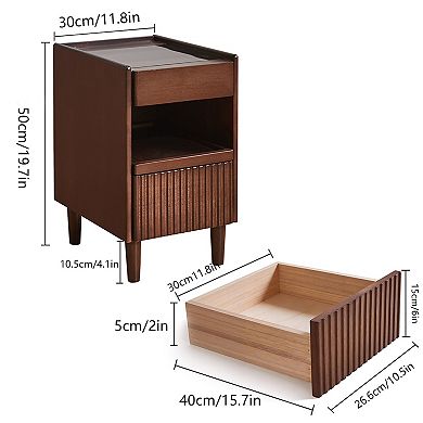 Solid Wood Bedside Table with 1 Drawer and Open Shelves, Narrow Nightstand with Cable Management