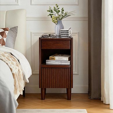 Solid Wood Bedside Table with 1 Drawer and Open Shelves, Narrow Nightstand with Cable Management