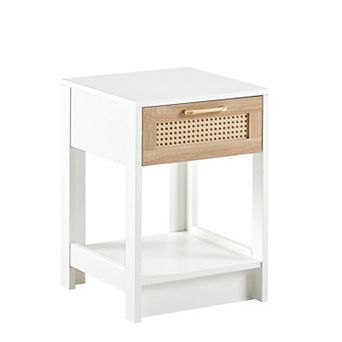Modern Rattan End Table with Drawer, 15.75" Square, White