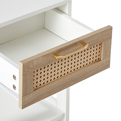 Modern Rattan End Table with Drawer, 15.75" Square, White