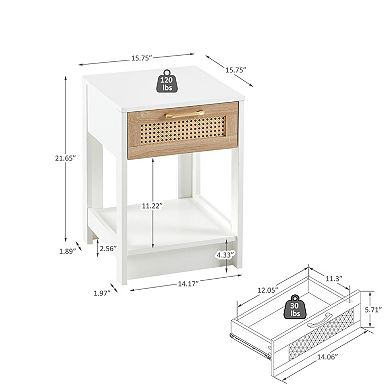 Modern Rattan End Table with Drawer, 15.75" Square, White