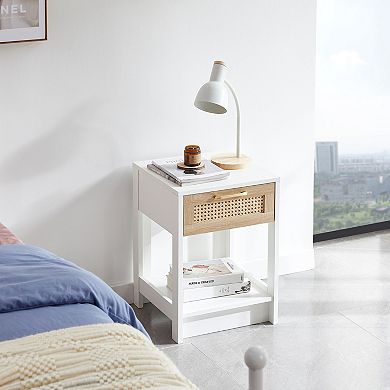 Modern Rattan End Table with Drawer, 15.75" Square, White