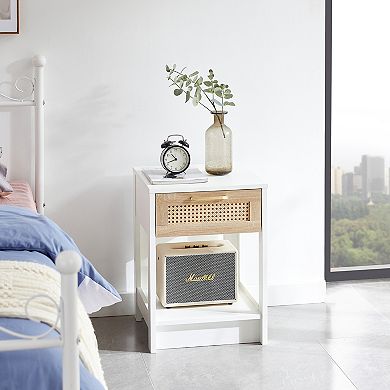 Modern Rattan End Table with Drawer, 15.75" Square, White