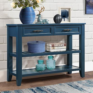 Navy Blue Console Sofa Table with 2 Storage Drawers & 2 Tier Shelves, 42"L