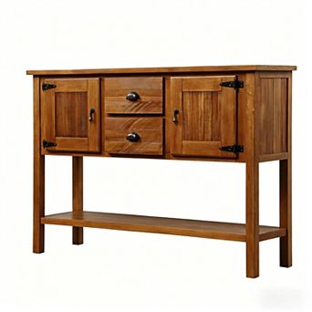 46" Solid Pine Wood Sideboard Console Table with 2 Drawers, 2 Cabinets and Bottom Shelf, Brown