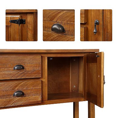 46" Solid Pine Wood Sideboard Console Table with 2 Drawers, 2 Cabinets and Bottom Shelf, Brown