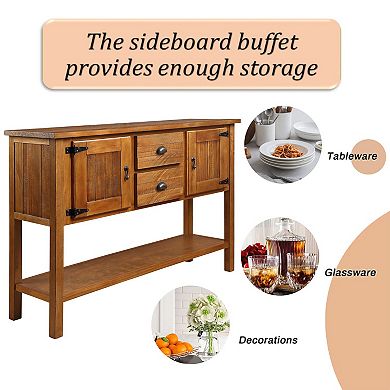 46" Solid Pine Wood Sideboard Console Table with 2 Drawers, 2 Cabinets and Bottom Shelf, Brown