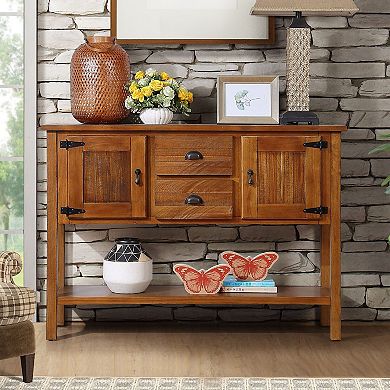 46" Solid Pine Wood Sideboard Console Table with 2 Drawers, 2 Cabinets and Bottom Shelf, Brown