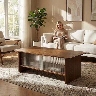 47-inch Rectangular Modern Minimalist Coffee Table with Storage Cabinet, Brown