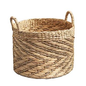 Isidore Round Water Hyacinth Seagrass Woven Basket with Handles - 15" x 15" x 11.8" - Natural Brown