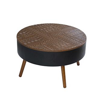 31.5-inch Round Coffee Table with Hidden Storage, Carved Table Top, Matte Black and Natural Wood