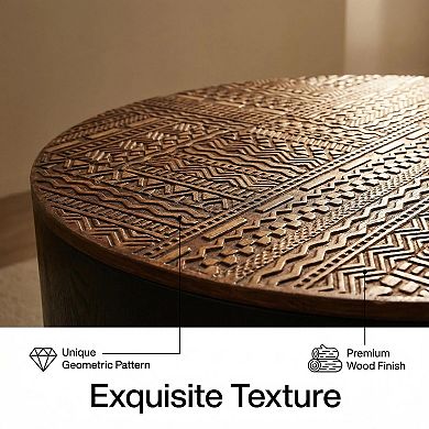 31.5-inch Round Coffee Table with Hidden Storage, Carved Table Top, Matte Black and Natural Wood