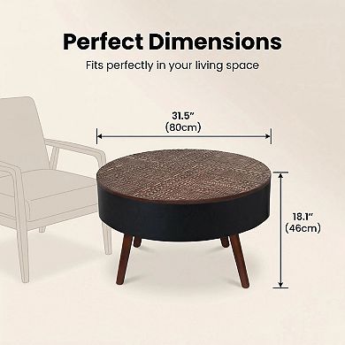 31.5-inch Round Coffee Table with Hidden Storage, Carved Table Top, Matte Black and Natural Wood