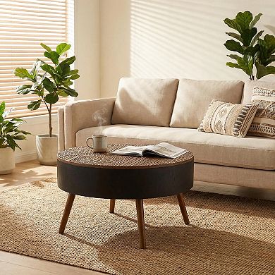 31.5-inch Round Coffee Table with Hidden Storage, Carved Table Top, Matte Black and Natural Wood