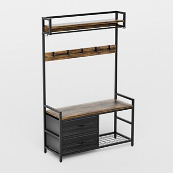 33.1" Wide 5-in-1 Entryway Hall Tree with 2 Movable Drawers, 3 tier Shoe Storage Bench Coat Rack