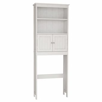 Over The Toilet Rack 2 tier Bathroom Storage Shelf with 2 Doors, White Freestanding Cabinet