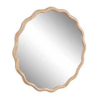 Solid Wood Wavy Mirror 31x31 Inch - Natural Wood Frame