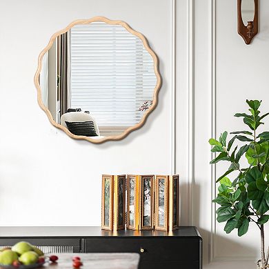 Solid Wood Wavy Mirror 31x31 Inch - Natural Wood Frame