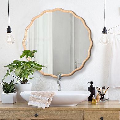 Solid Wood Wavy Mirror 31x31 Inch - Natural Wood Frame