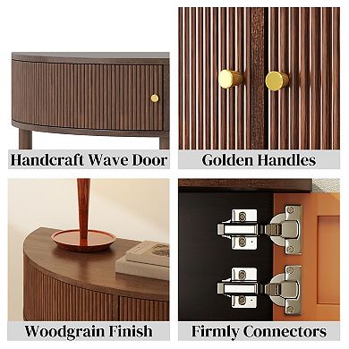 Artisan-Crafted Wave-Pattern Demi-Lune Console Table with Brown Woodgrain, Unique Half Moon Design