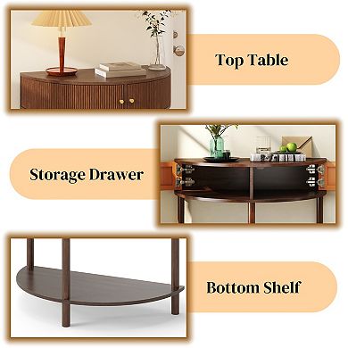 Artisan-Crafted Wave-Pattern Demi-Lune Console Table with Brown Woodgrain, Unique Half Moon Design