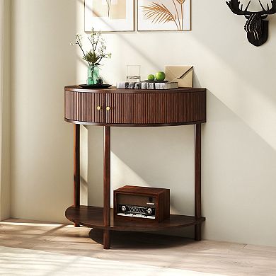Artisan-Crafted Wave-Pattern Demi-Lune Console Table with Brown Woodgrain, Unique Half Moon Design