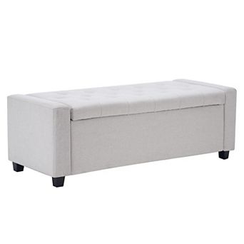 48" Storage Bedroom Bench with Arms, Faux Linen Upholstered Ottoman, Tufted Fabric, Rubberwood Frame