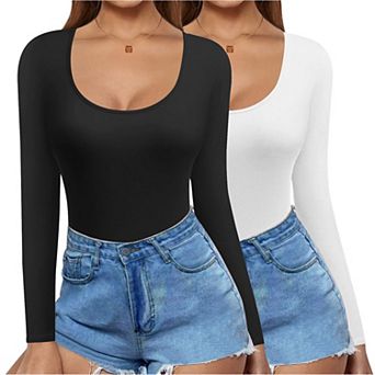 Ekouaer Two Pack Long Sleeve Shirts for Womens Scoop Neck Tops Slim Fit Undershirts Tee Shirt