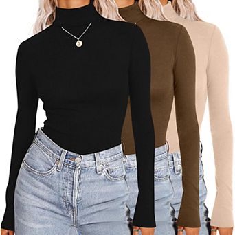Ekouaer Womens Three Piece Turtleneck Long Sleeve Shirts Basic Slim Fit Soft Thermal Underwear Tops