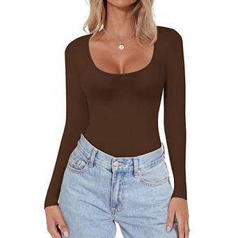 Ekouaer Womens Scoop Neck Long Sleeve Top Tight Shirts Thermal Undershirts Base Layer Tee