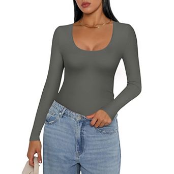 Ekouaer Womens Scoop Neck Long Sleeve Top Tight Shirts Thermal Undershirts Base Layer Tee