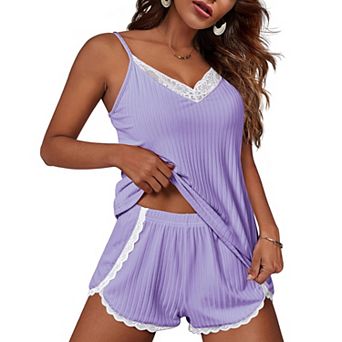 Ekouaer Womens Pajama Sets Soft Lingerie Sleepwear 2 pc Cami Shorts Set V Neck Pj Nightwear Royal