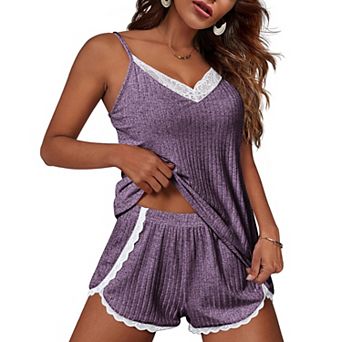 Ekouaer Womens Pajama Sets Soft Lingerie Sleepwear 2 pc Cami Shorts Set V Neck Pj Nightwear Royal