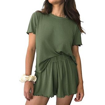 Ekouaer Womens Pajamas Two Piece Ribbed Knit Pajamas Short Sleeve Sleepwear Set Pajamas Set
