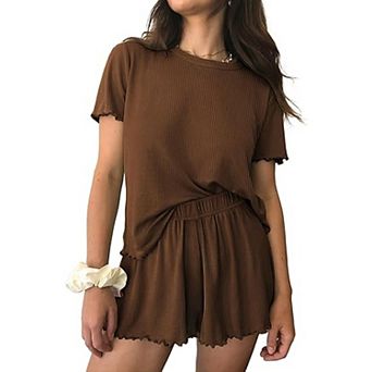 Ekouaer Womens Pajamas Two Piece Ribbed Knit Pajamas Short Sleeve Sleepwear Set Pajamas Set