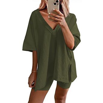 Ekouaer Womens Pajamas 2 pc Lounge Sets Oversized V Neck T-Shirts Tops Biker Shorts Set