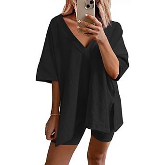 Ekouaer Womens Pajamas 2 pc Lounge Sets Oversized V Neck T-Shirts Tops Biker Shorts Set
