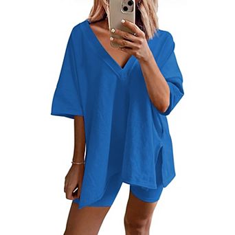 Ekouaer Womens Pajamas 2 pc Lounge Sets Oversized V Neck T-Shirts Tops Biker Shorts Set