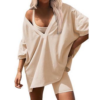 Ekouaer Womens Pajamas 2 pc Lounge Sets Oversized V Neck T-Shirts Tops Biker Shorts Set
