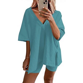 Ekouaer Womens Pajamas 2 pc Lounge Sets Oversized V Neck T-Shirts Tops Biker Shorts Set