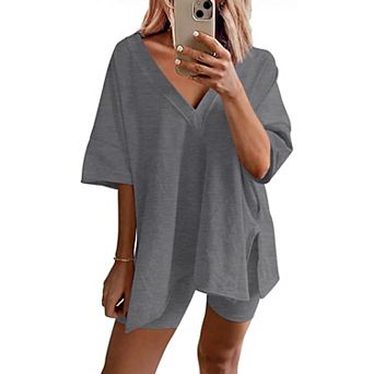 Ekouaer Womens Pajamas 2 pc Lounge Sets Oversized V Neck T-Shirts Tops Biker Shorts Set
