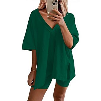 Ekouaer Womens Pajamas 2 pc Lounge Sets Oversized V Neck T-Shirts Tops Biker Shorts Set