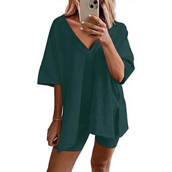 Ekouaer Womens Pajamas 2 pc Lounge Sets Oversized V Neck T-Shirts Tops Biker Shorts Set