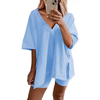 Ekouaer Womens Pajamas 2 pc Lounge Sets Oversized V Neck T-Shirts Tops Biker Shorts Set