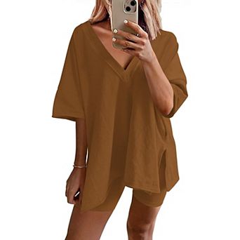 Ekouaer Womens Pajamas 2 pc Lounge Sets Oversized V Neck T-Shirts Tops Biker Shorts Set