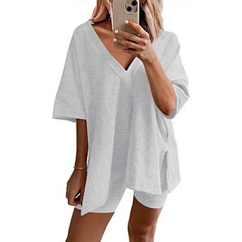 Ekouaer Womens Pajamas 2 pc Lounge Sets Oversized V Neck T-Shirts Tops Biker Shorts Set