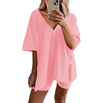 Ekouaer Womens Pajamas 2 pc Lounge Sets Oversized V Neck T-Shirts Tops Biker Shorts Set