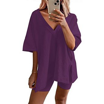Ekouaer Womens Pajamas 2 pc Lounge Sets Oversized V Neck T-Shirts Tops Biker Shorts Set