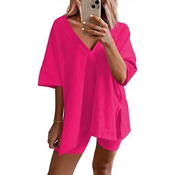 Ekouaer Womens Pajamas 2 pc Lounge Sets Oversized V Neck T-Shirts Tops Biker Shorts Set