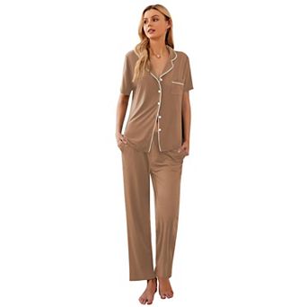 Ekouaer Womens Pajamas Set Button Down Sleepwear Short Sleeve Nightwear with Long Pants Pajamas Set